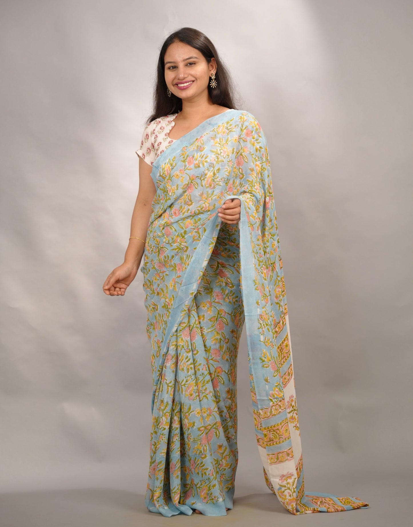 Sky Blue Georgette Hand Block Printed Saree| Looms & Tassels