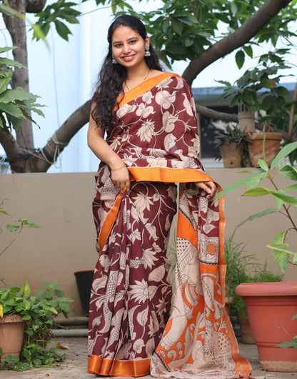 Brown Floral & Fish Kalamkari Silk Handcrafted Nizam Border Saree