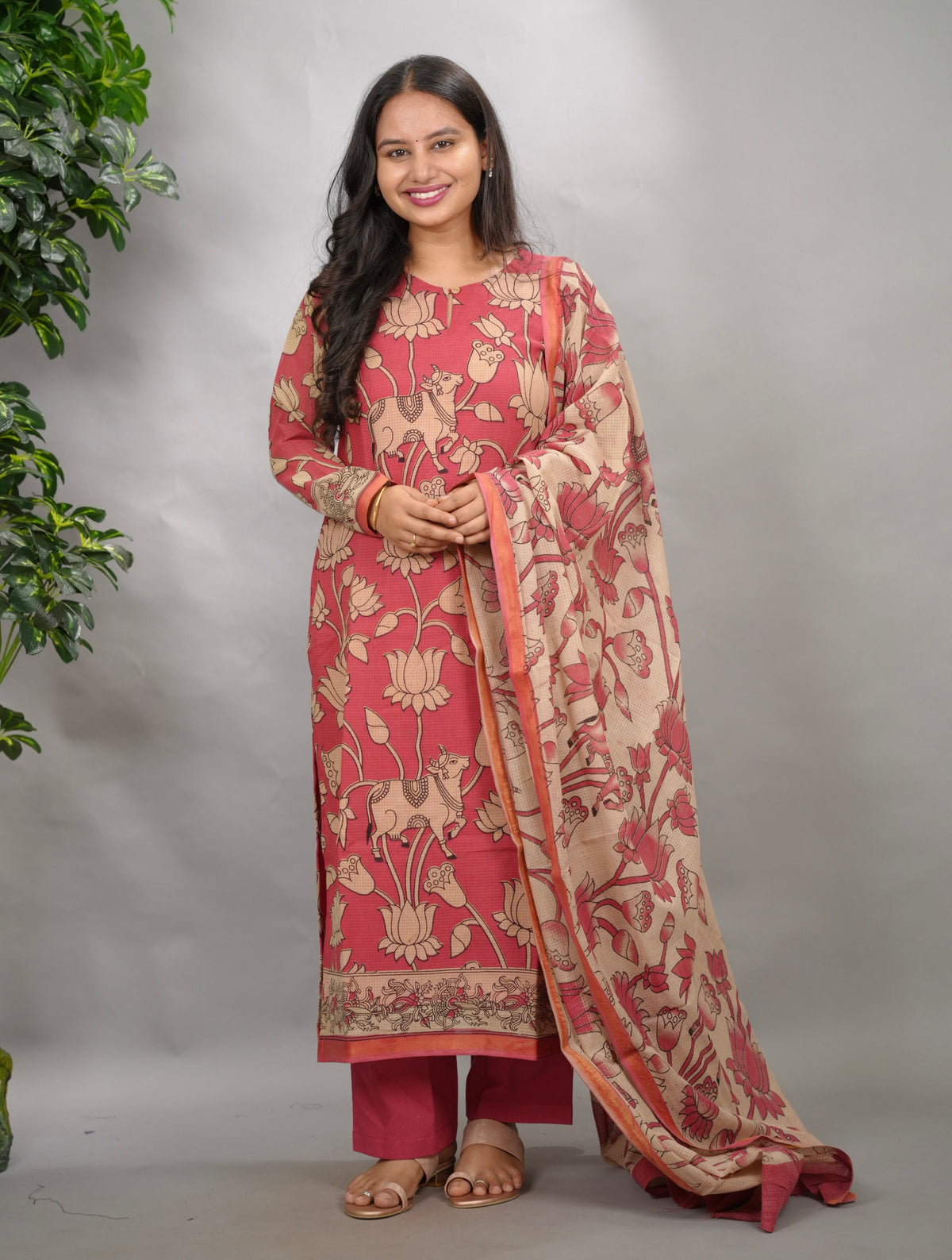 Pink Pichwai Kalamkari Kota Cotton 3 piece suit set (stitched) | Looms & Tassels