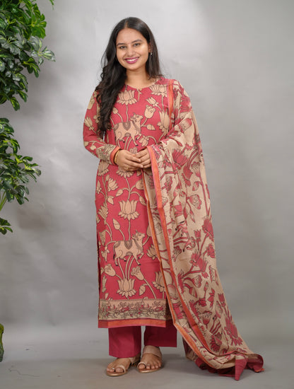 Pink Pichwai Kalamkari Kota Cotton 3 piece suit set (stitched) | Looms & Tassels
