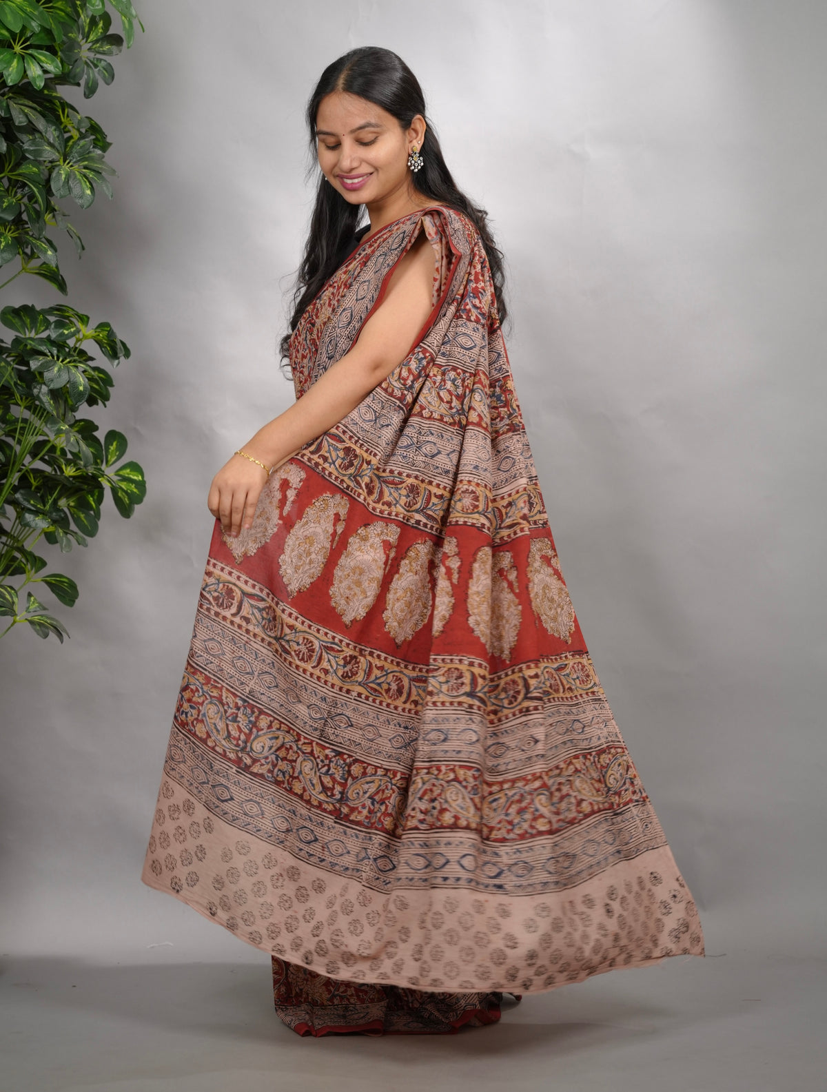 Red Hand Block Printed Kalamkari Cotton Saree | Looms & Tasselse