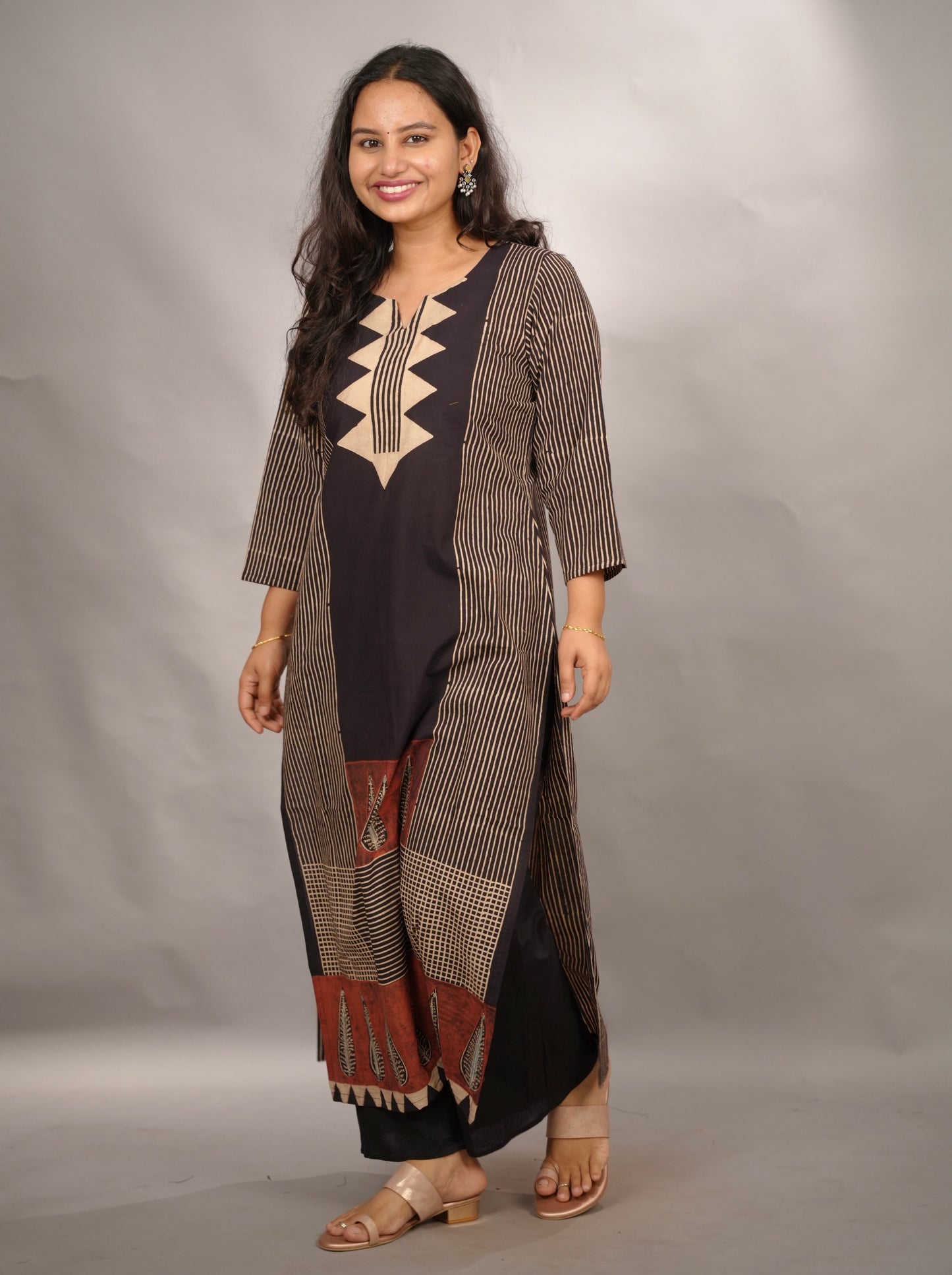 Black Ajrakh Pattern Hand Block printed Kurti | Looms & Tassels