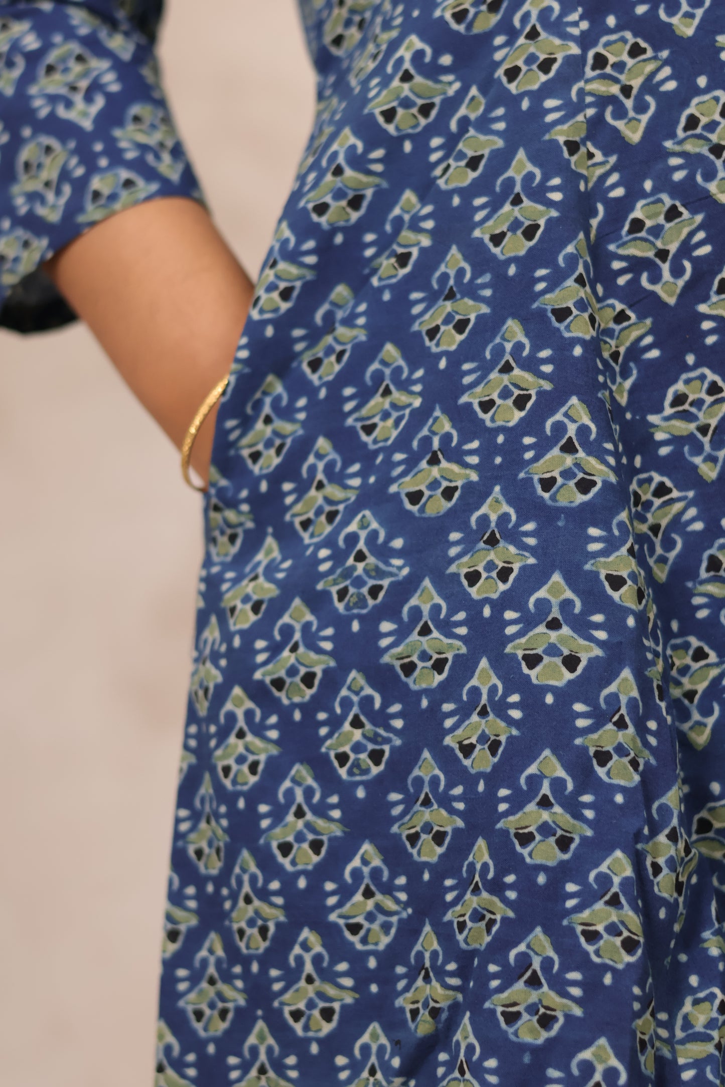 Indigo Ajrakh Handblock Printed Kali Kurti Co-ord Set (Pure Cotton ) | Looms & Tassels
