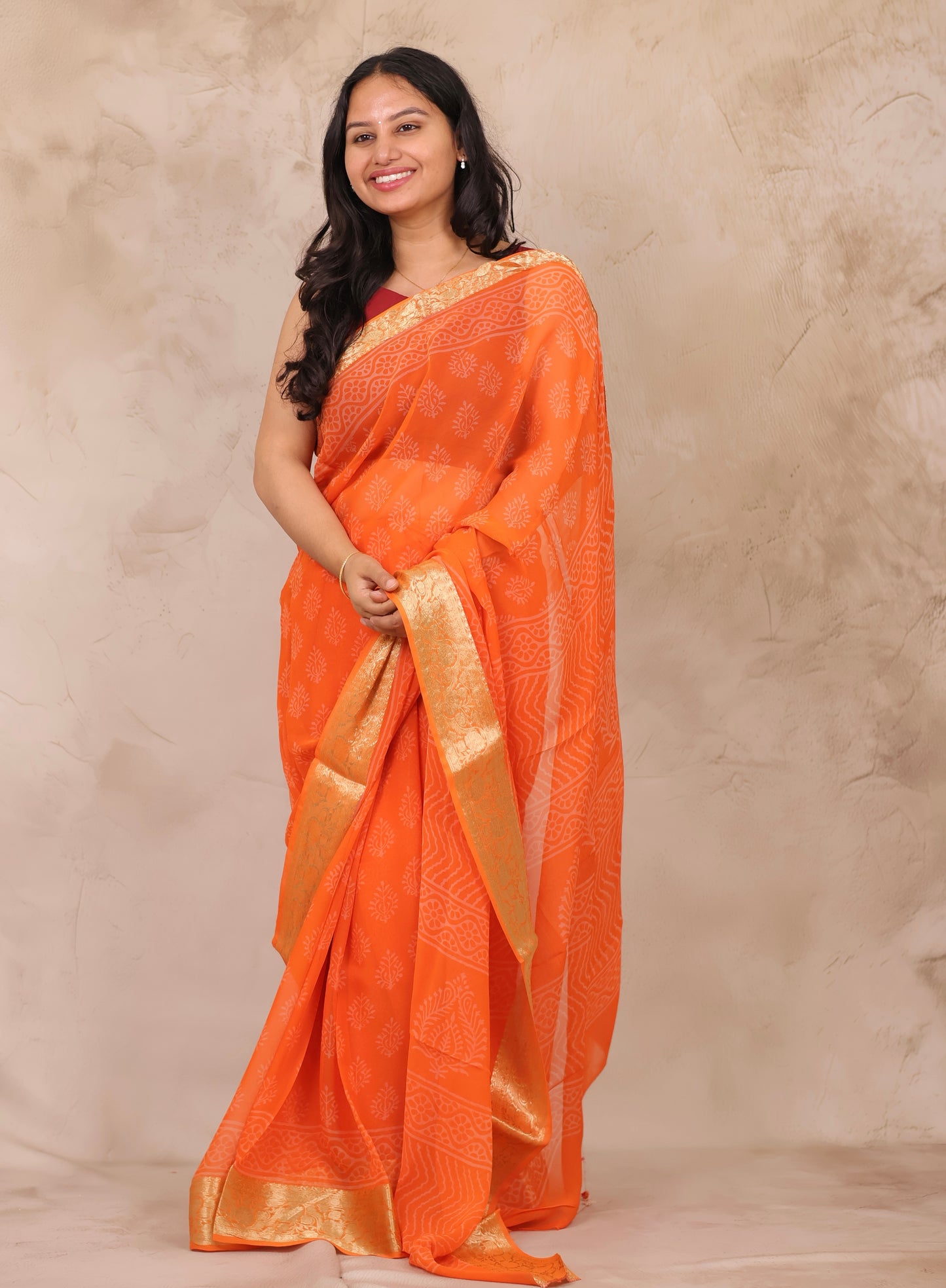 Orange Chiffon Hand Block Printed Saree with Jari Border | Looms & Tassels