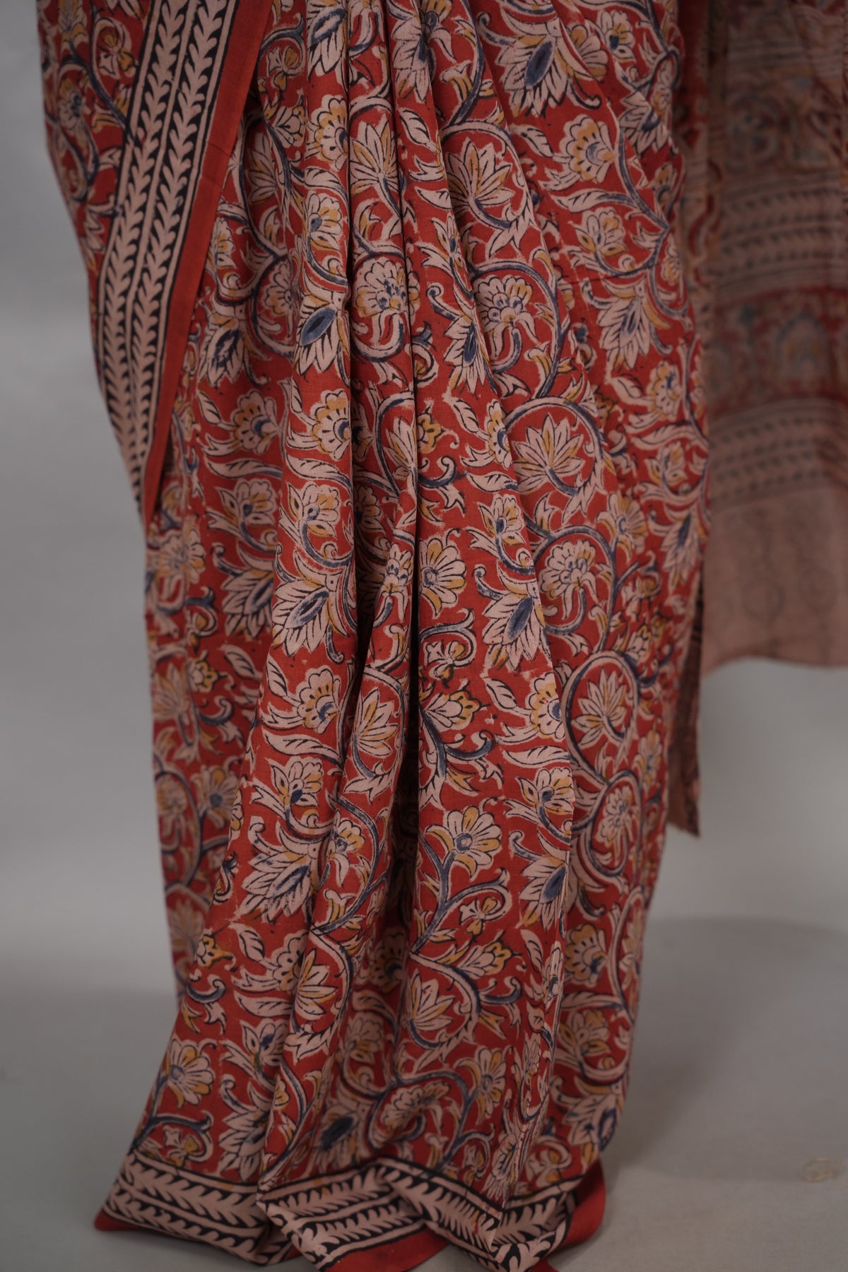 Red Hand Block Printed Kalamkari Cotton Saree | Looms & Tasselse