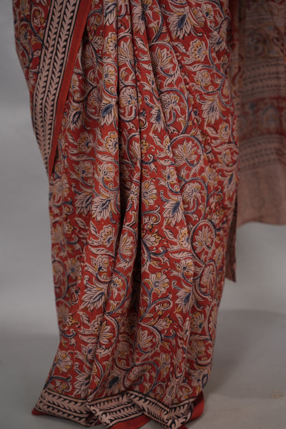 Red Hand Block Printed Kalamkari Cotton Saree | Looms & Tasselse