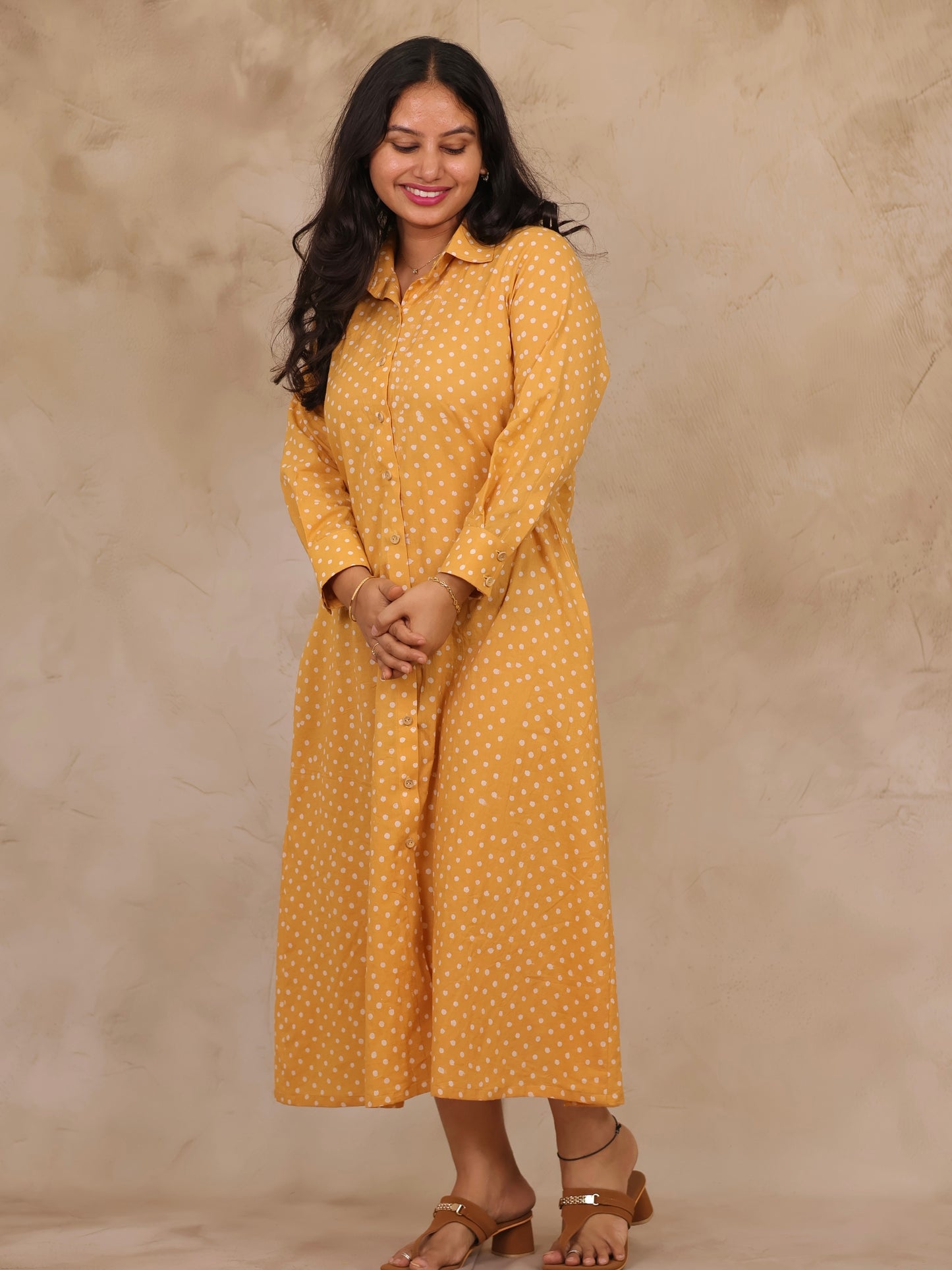 Mustard Yellow Polka Dot Pure Mul Cotton A-Line Shirt Dress | Looms & Tassels