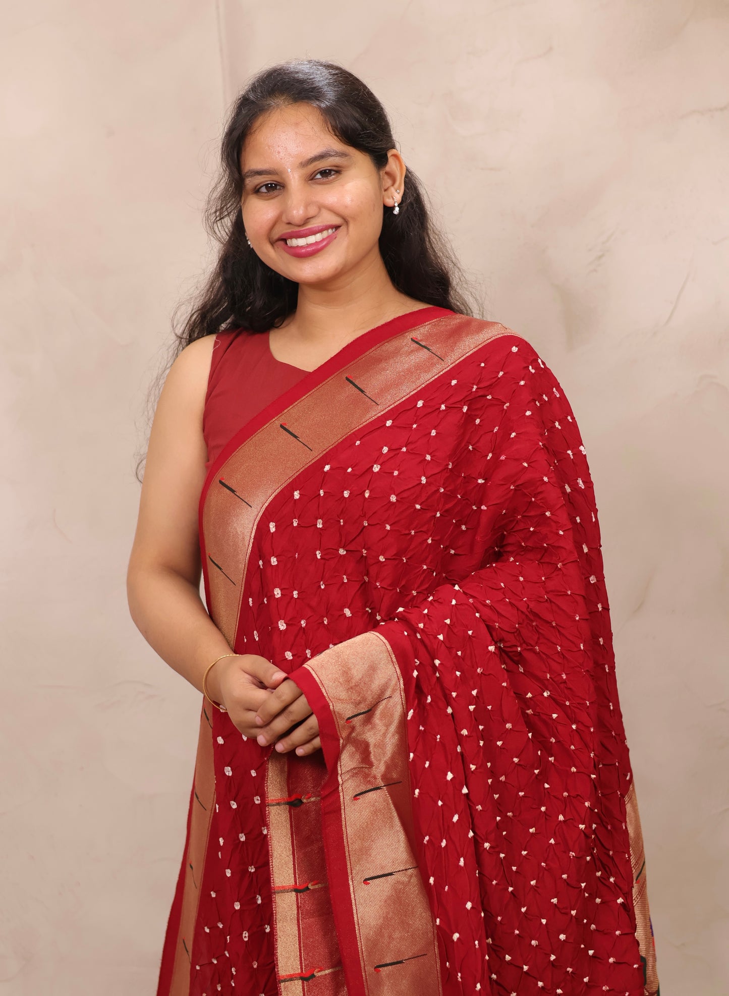Maroon Handcrafted Bandhani Paithani Dola Silk Saree | Looms & Tassels
