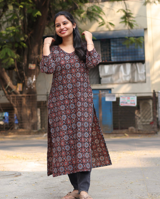 Ajrakh Hand Block Printed Kurti | Looms & Tassels