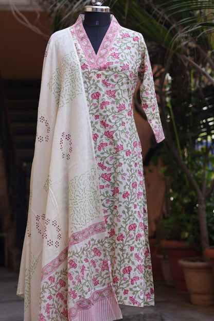 Handblock printed Pure Mul Cotton with Mul Cotton Duppata 3 piece suit (stitched)