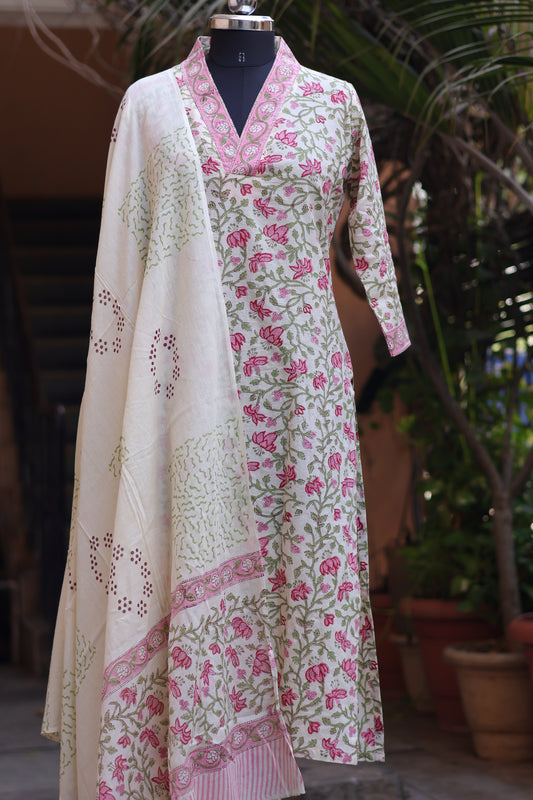 Handblock printed Pure Mul Cotton with Mul Cotton Duppata 3 piece suit (stitched)