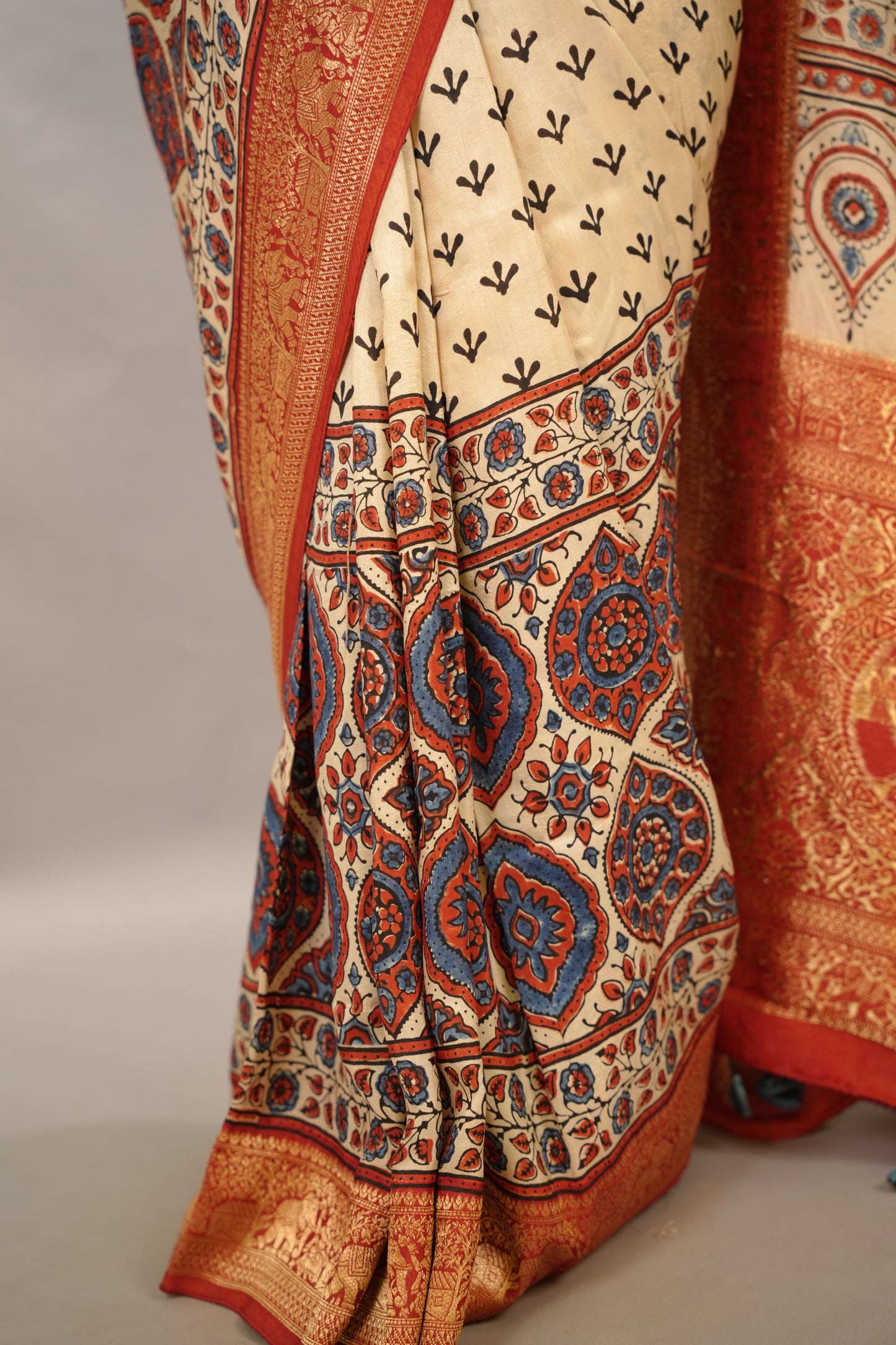 Cream Ajrakh Handblock printed Dola Silk Saree | Looms & Tassels
