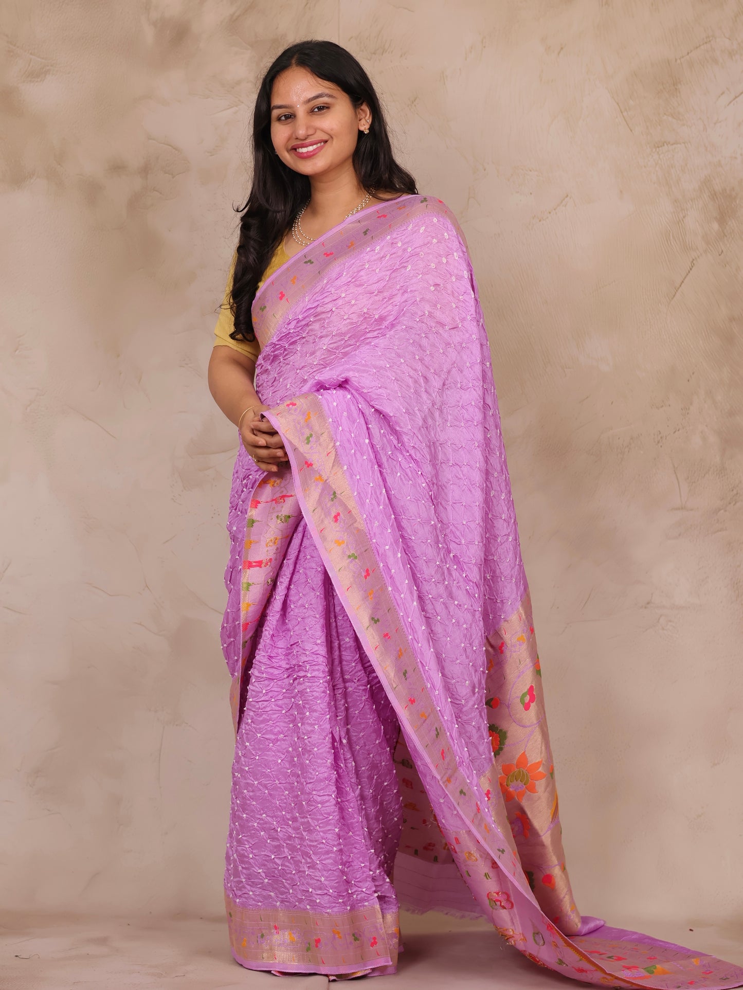 Orchid Pink Handcrafted Bandhani Paithani Dola Silk Saree | Looms & Tassels