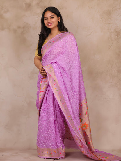 Orchid Pink Handcrafted Bandhani Paithani Dola Silk Saree | Looms & Tassels