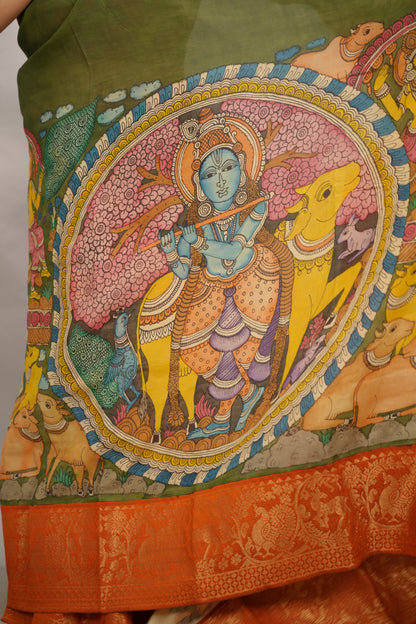 Olive Green Hand Drawn Pen Kalamkari Bangalore Silk Kanchi Border Saree | Looms & Tassels