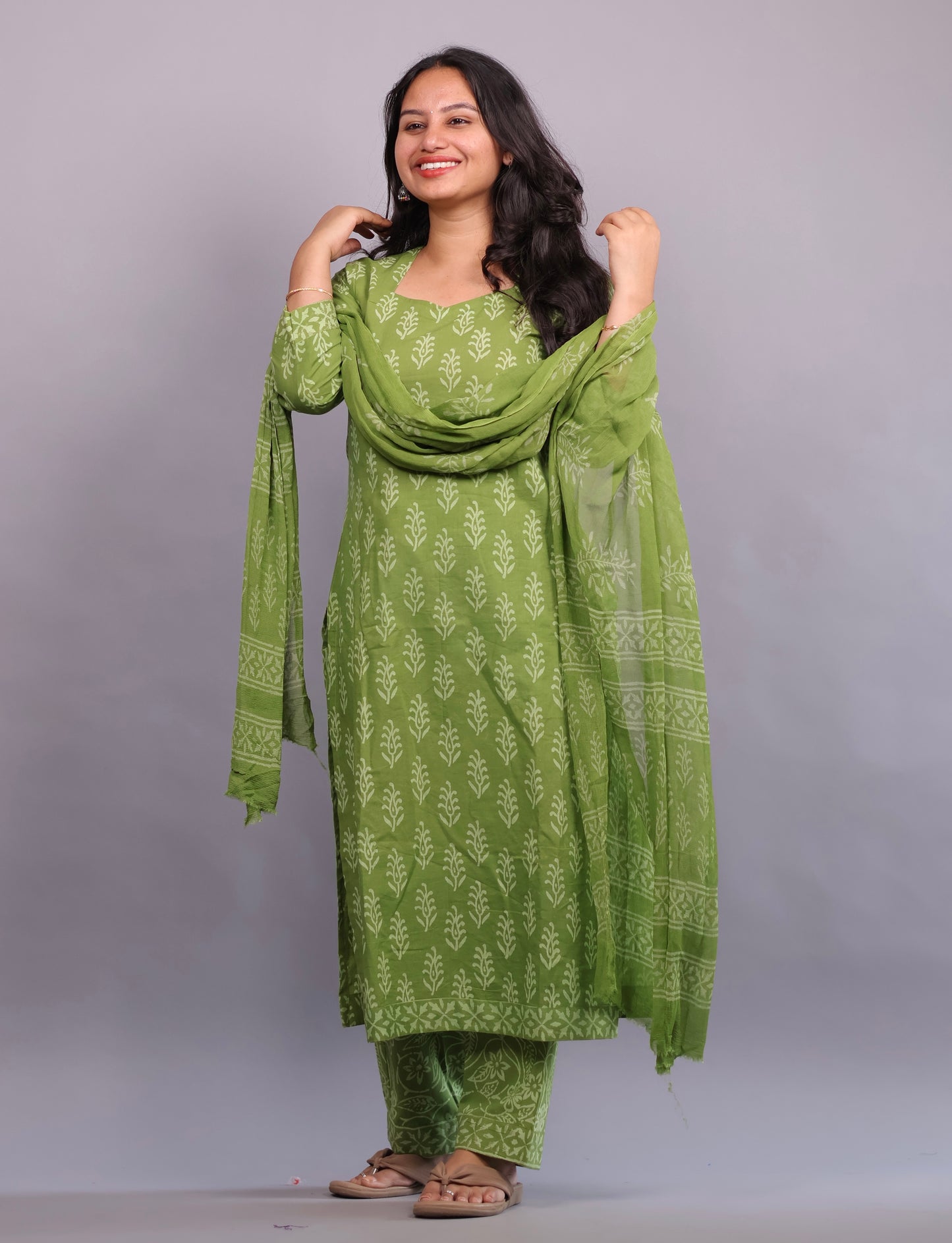 Green Handblock printed Pure Mul Cotton with Mul Cotton Duppata 3 piece suit (stitched)