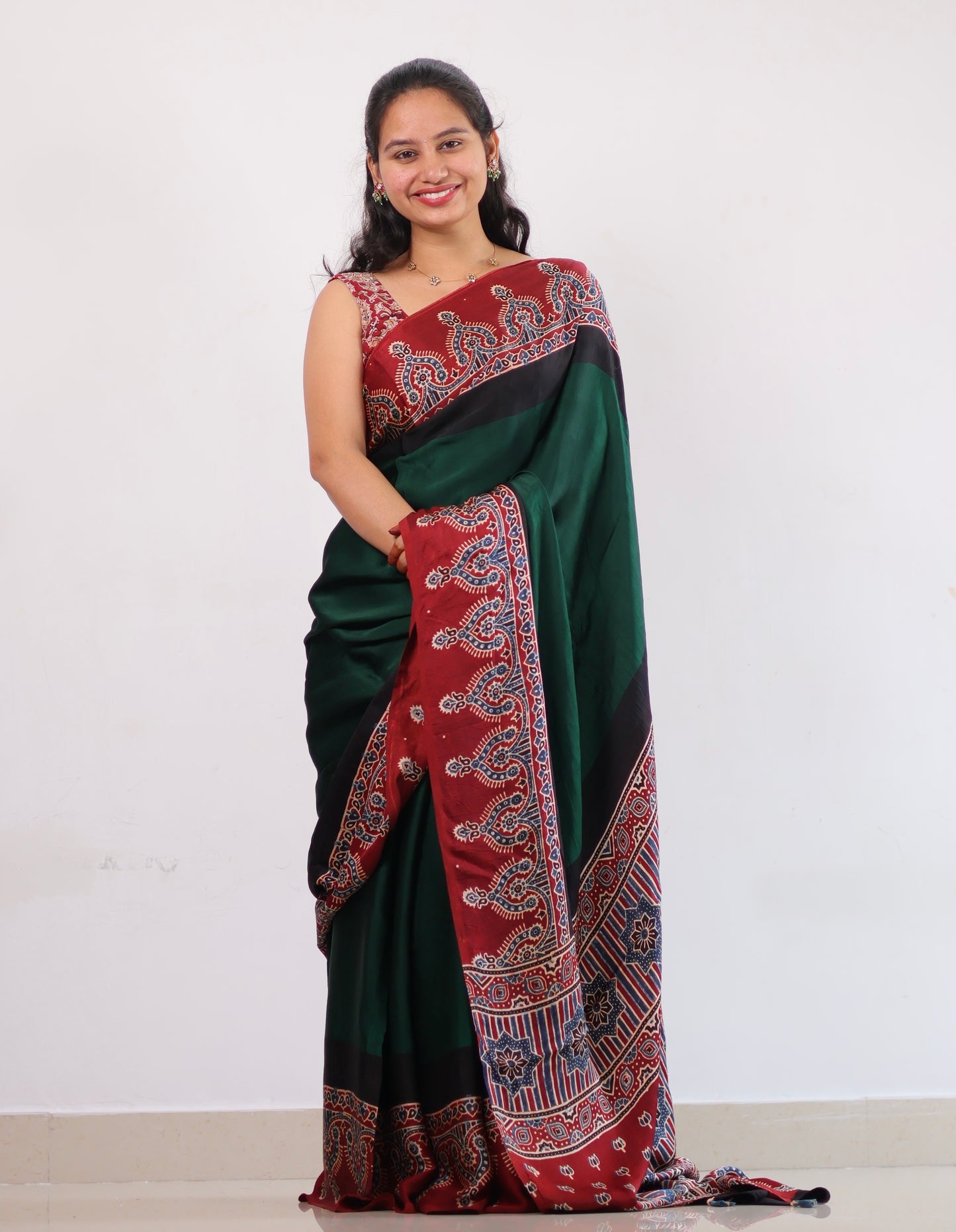 Green Ajrakh Modal Silk Saree