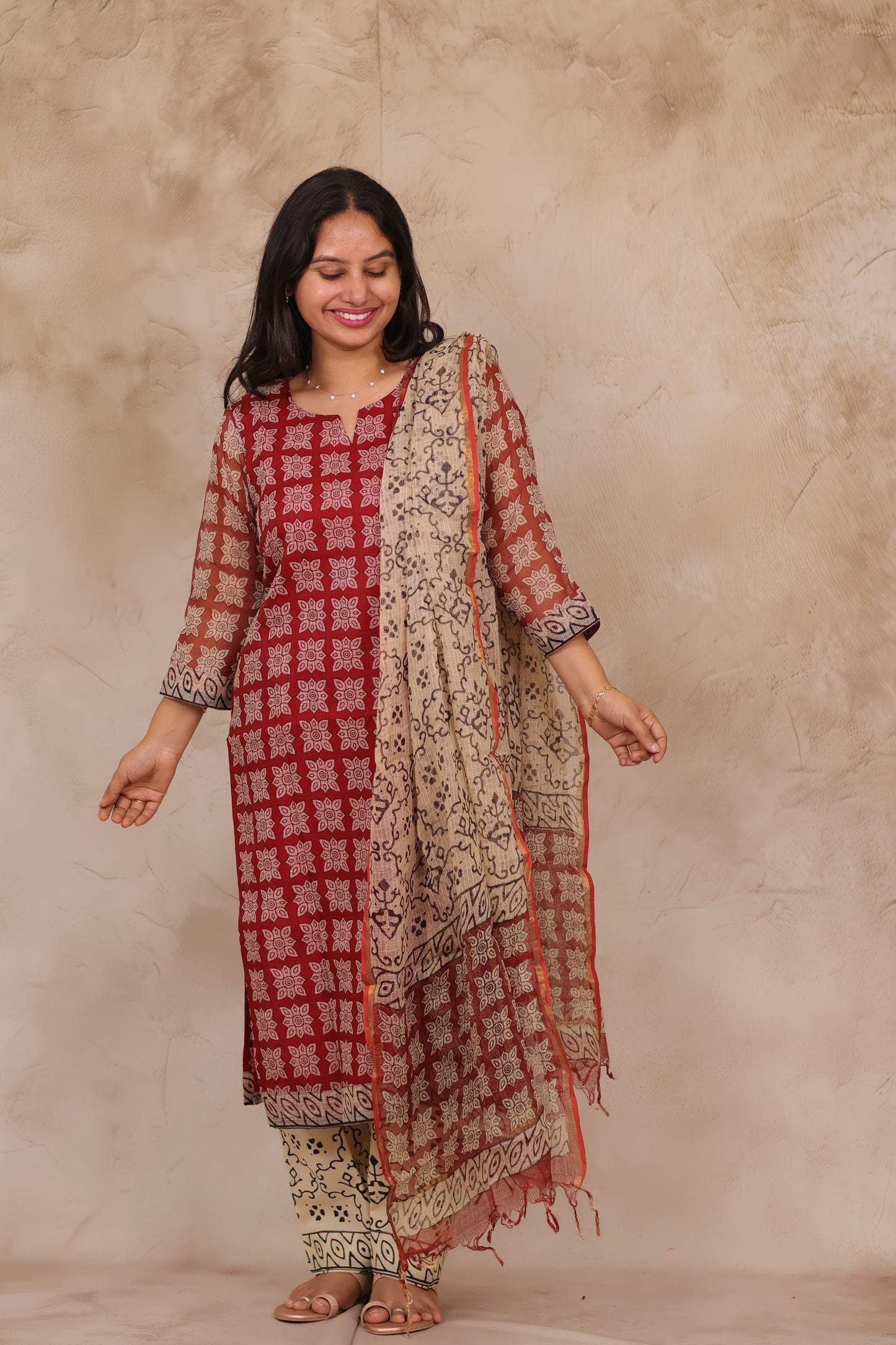Maroon Handblock printed kota 3 piece suit (stitched)