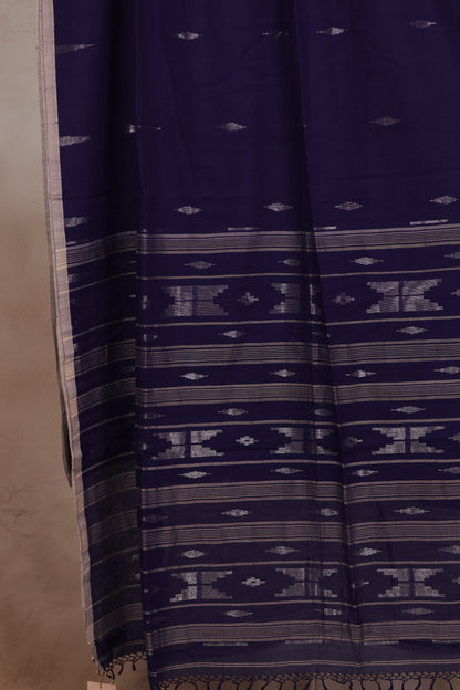 Blue Pure Handwoven Jamdhani Malai Cotton Saree with silver tissue weaving