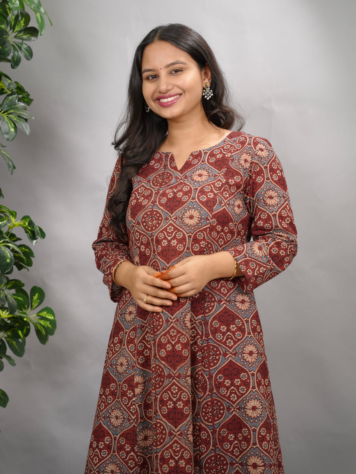 Maroon Ajrakh Cotton Kali Kurta | Looms & Tassels