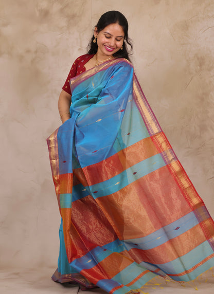 Dual Shade Blue Handloom Maheswari Silk Cotton Sarees | Looms & Tassels