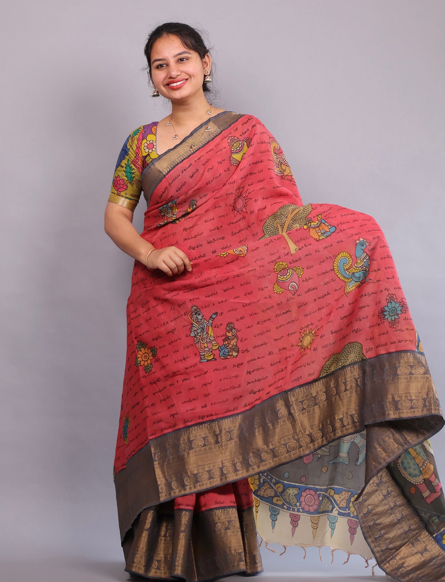 Pink Hand Painted Pen Kalamkari Silk Saree