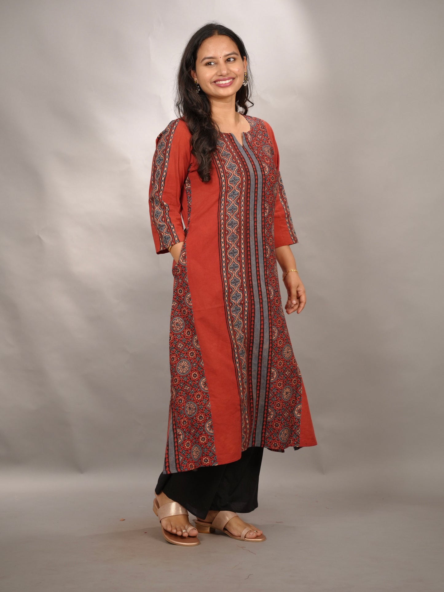 Red Ajrakh Pattern Hand Block printed Kurti | Looms & Tassels