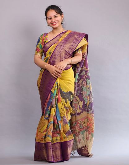 Yellow Hand Painted Pen Kalamkari Silk Saree