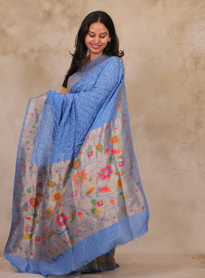 Pastel Handcrafted Bandhani Paithani Dola Silk Saree | Looms & Tassels