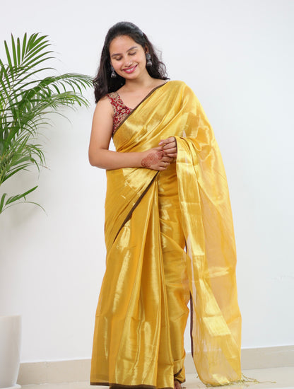 Yellow Tissue Mul Cotton Saree