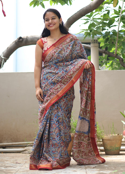 Blue Hand Block Printed Kalamkari Nizam Border Silk Sare