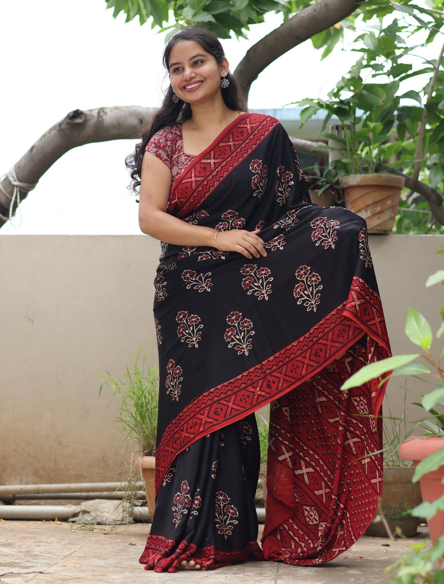 Black Ajrakh Modal Silk Saree