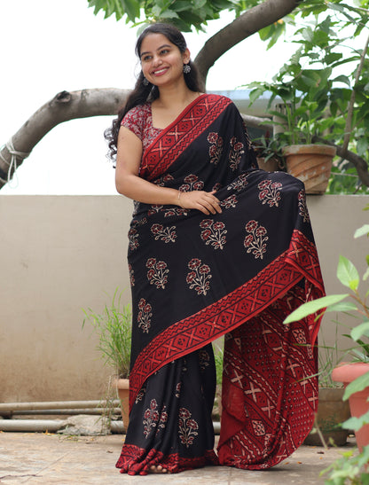 Black Ajrakh Modal Silk Saree