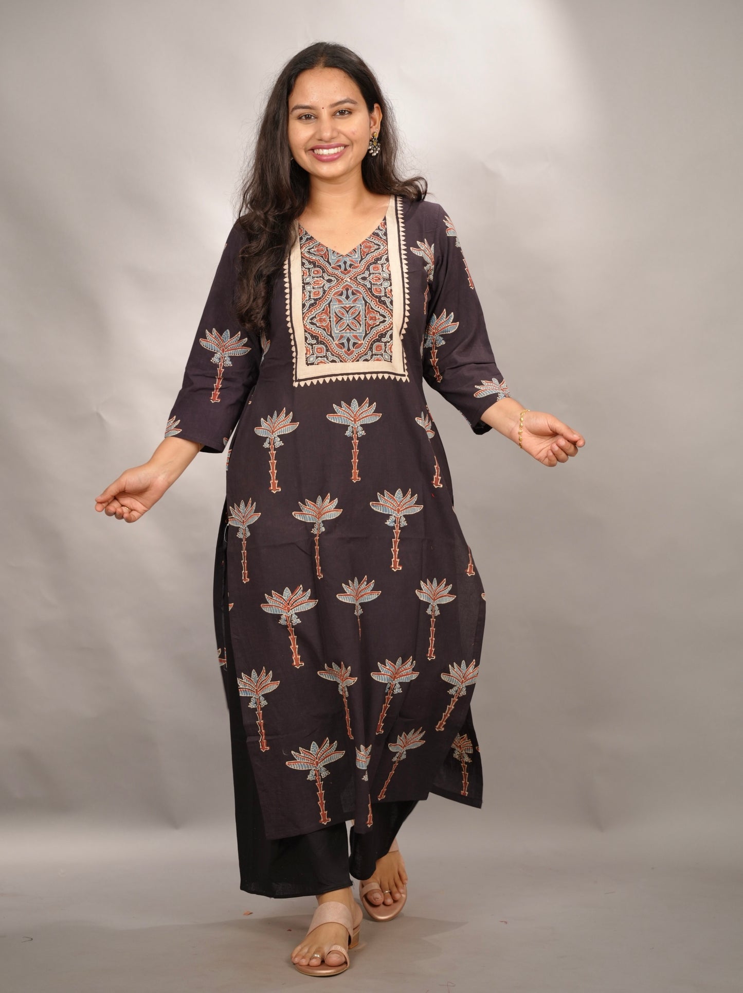 Black Ajrakh Pattern Hand Block printed Kurti | Looms & Tassels