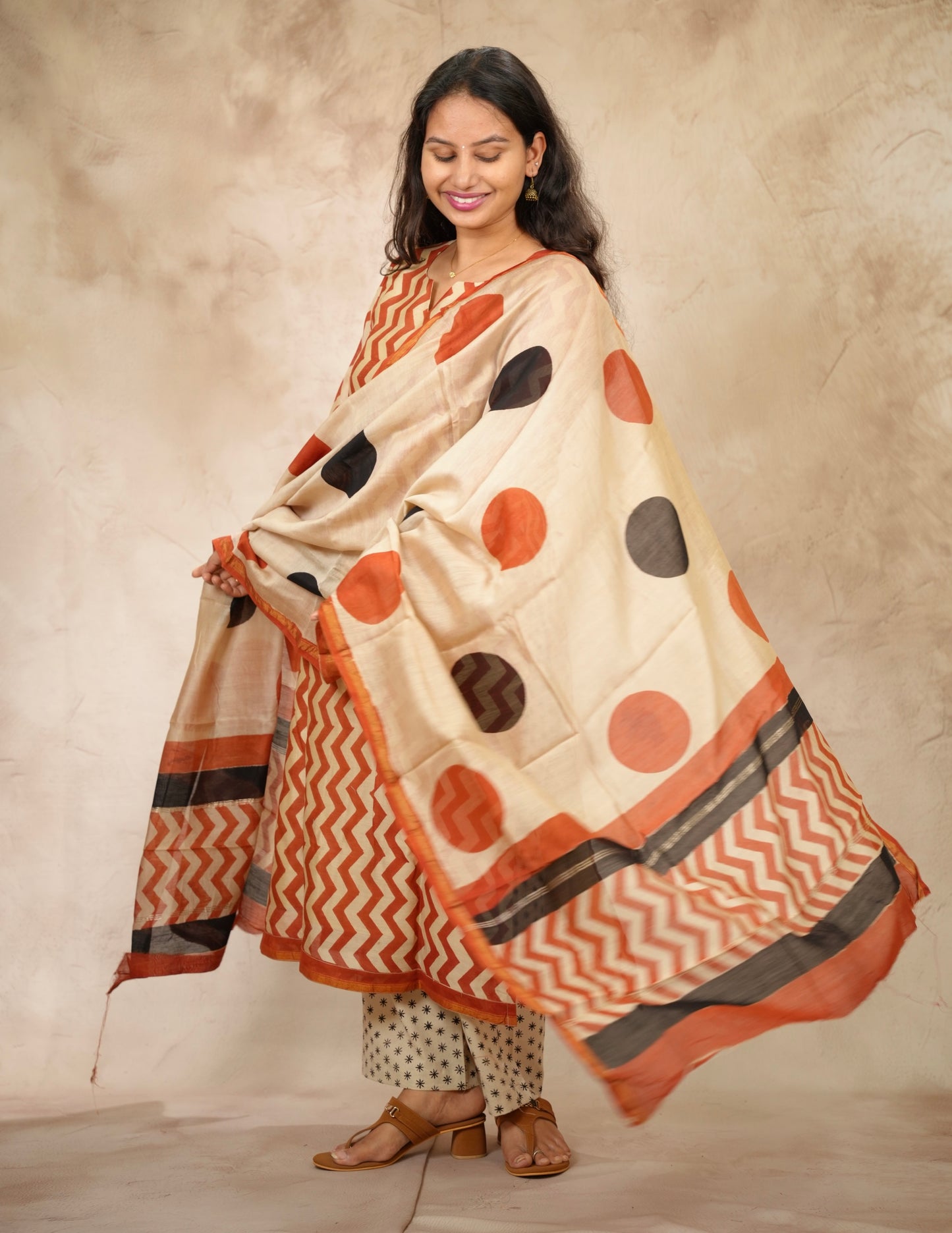 Handblock printed Pure Chenderi Silk 3 piece suit (stitched) |  Looms & Tassels