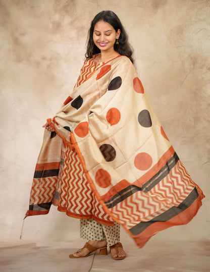 Handblock printed Pure Chenderi Silk 3 piece suit (stitched) |  Looms & Tassels