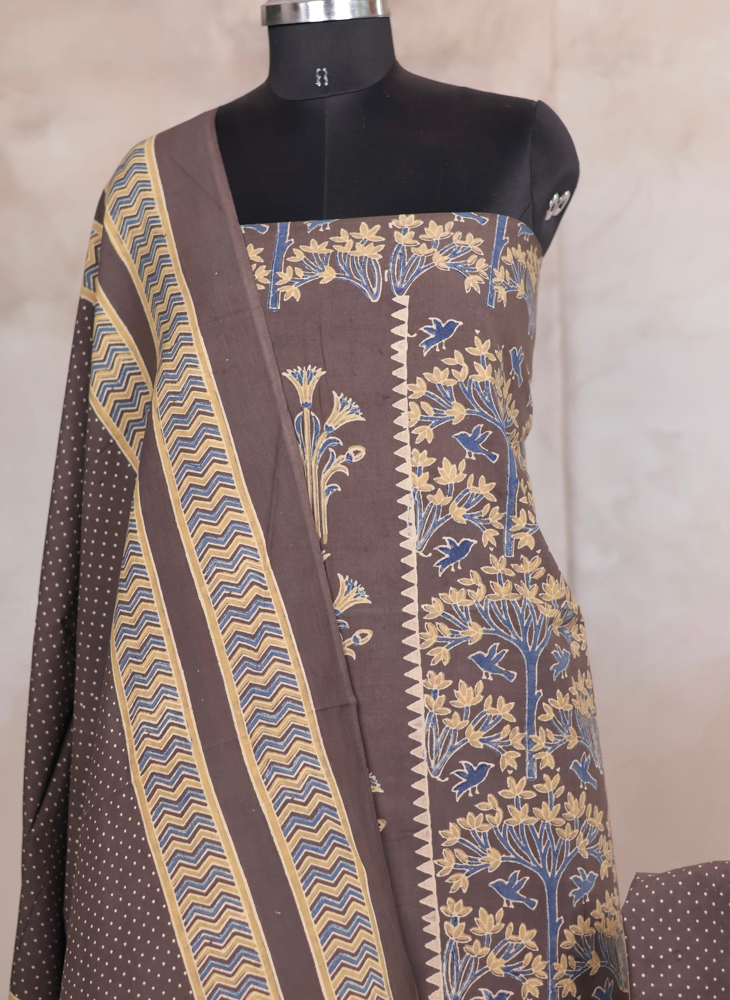 Grey Ajrakh Handblock Printed Pure Cotton 3 piece suit set | Looms & Tassels