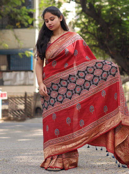 Red & Black Authentic Ajrakh Handblock Printed Dola Silk Saree | Looms & Tassels