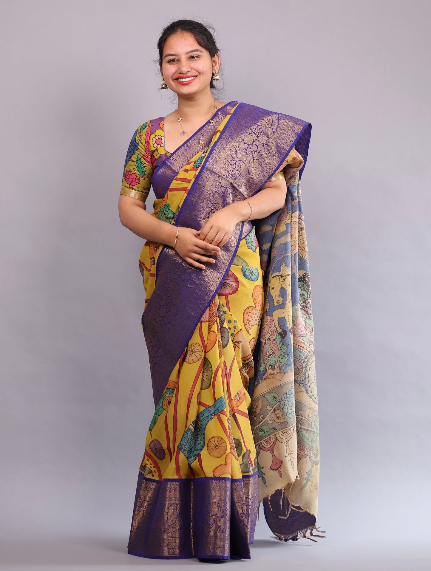 Yellow Hand Painted Pen Kalamkari Silk Saree