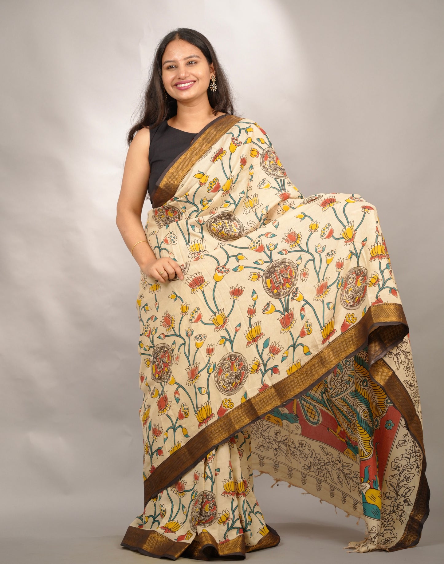 Cream Kalamkari Nizam Border Chennur Silk Saree | Looms & Tassels