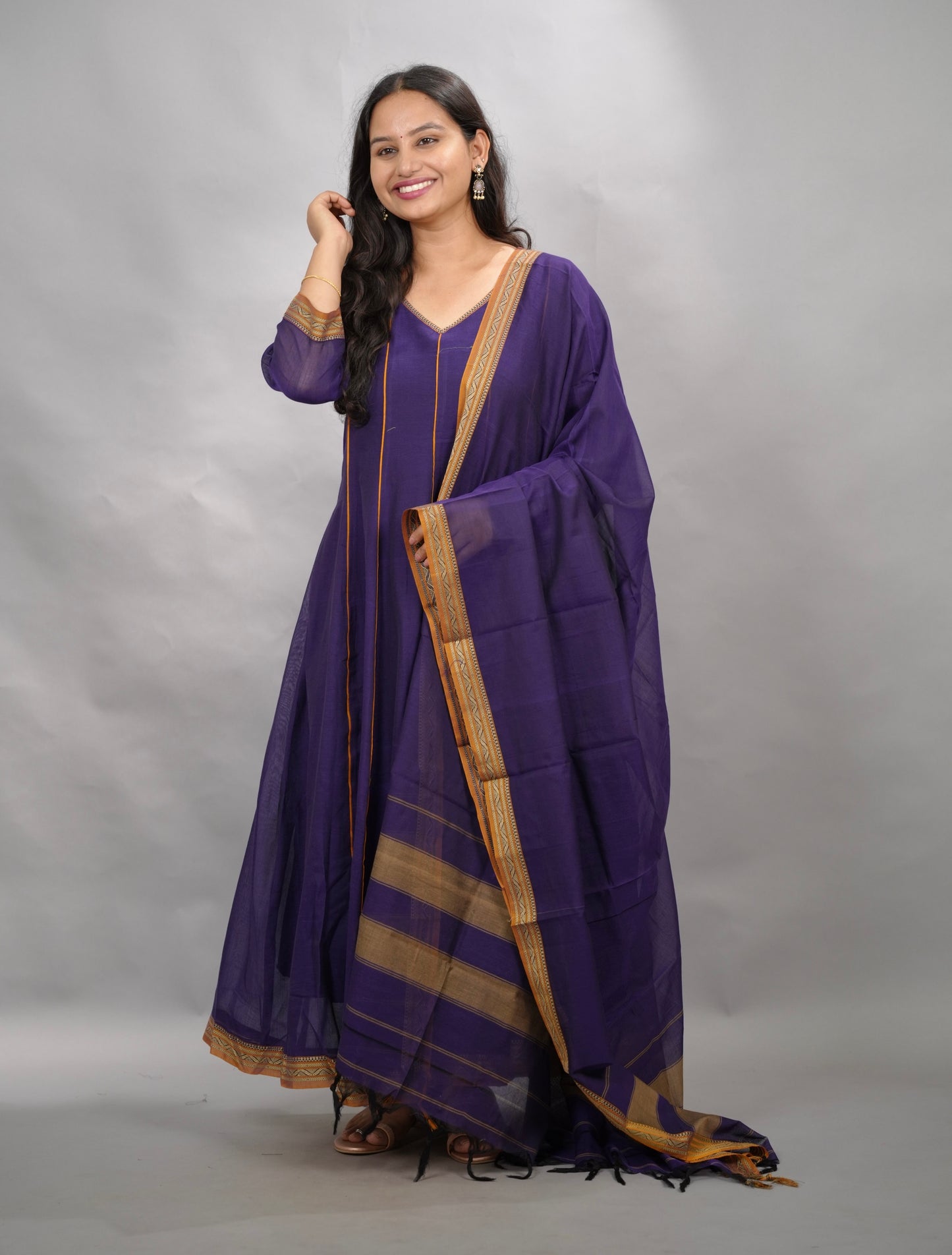 Violet Narayanpet Cotton Anarkali Dress with Narayanpet Dupatta | Looms & Tassels