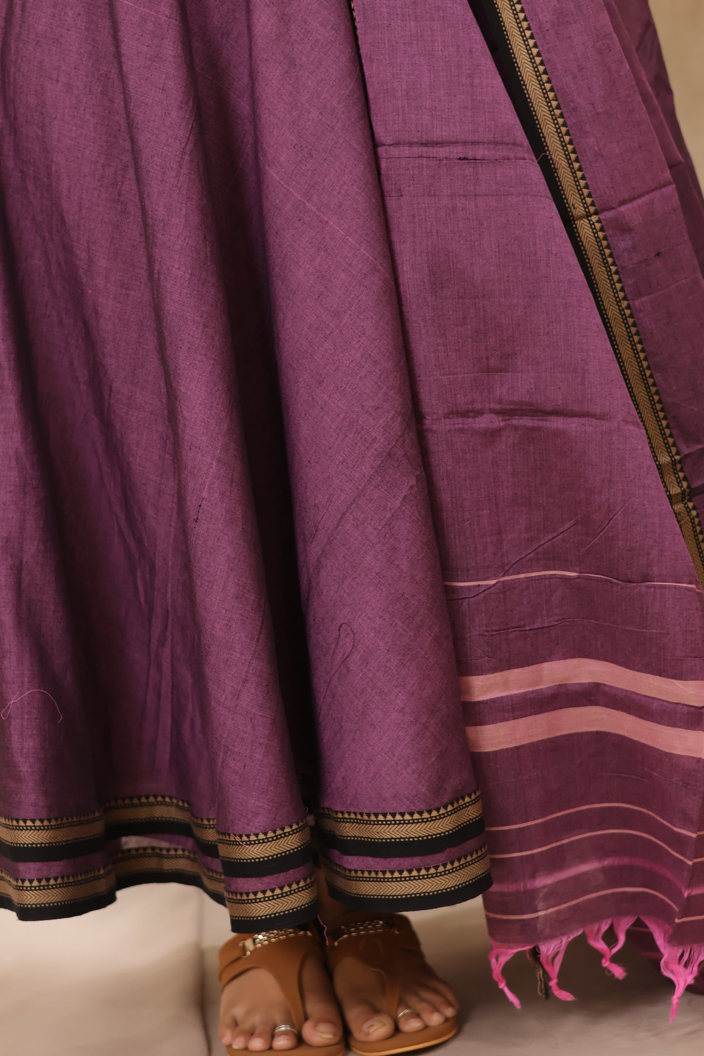 Lavender Narayanpet Cotton Anarkali Dress with Narayanpet Dupatta | Looms & Tassels