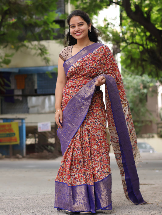Red & Blue Kuppadam Border Kalamkari Uppada Silk Saree