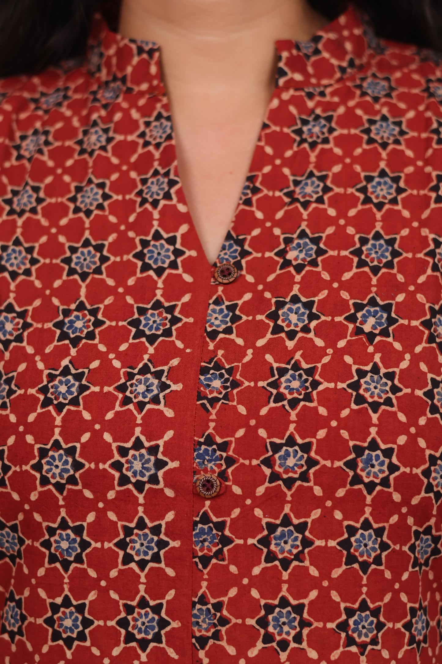 Red Ajrakh Hand Block Printed Kurti | Looms & Tassels