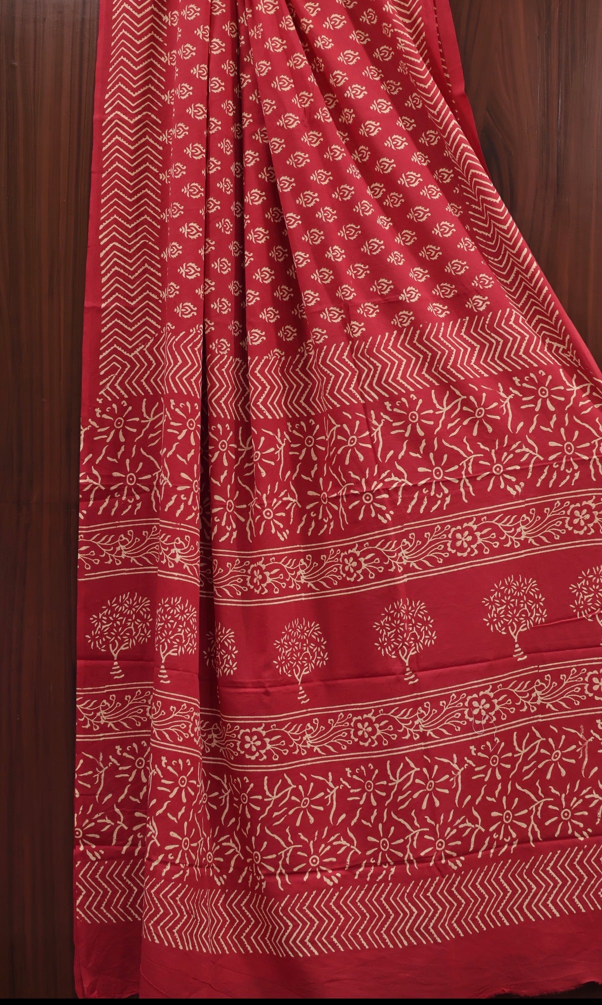 Red Bagru Handblock printed MulMul cotton saree