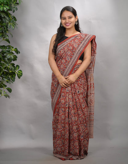Red Hand Block Printed Kalamkari Cotton Saree | Looms & Tasselse