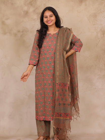 Brown Handblock printed Pure Mul Cotton with Kota Doria Duppata 3 piece suit (stitched)