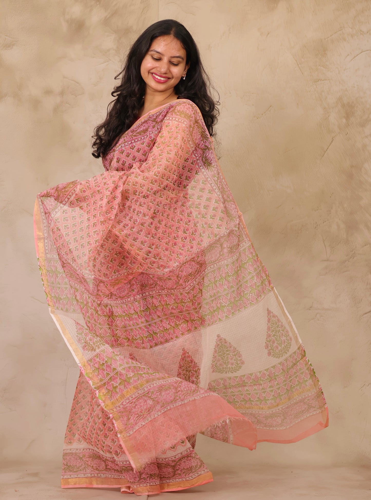 Peach Pure Kota Doria Saree with Bagru Handblock Prints | Looms & Tassels