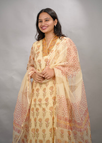 Cream Handblock printed kota 3 piece suit (stitched)| Looms & Tassels