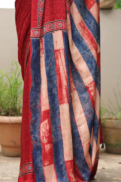 Red Ajrakh Modal Silk Saree